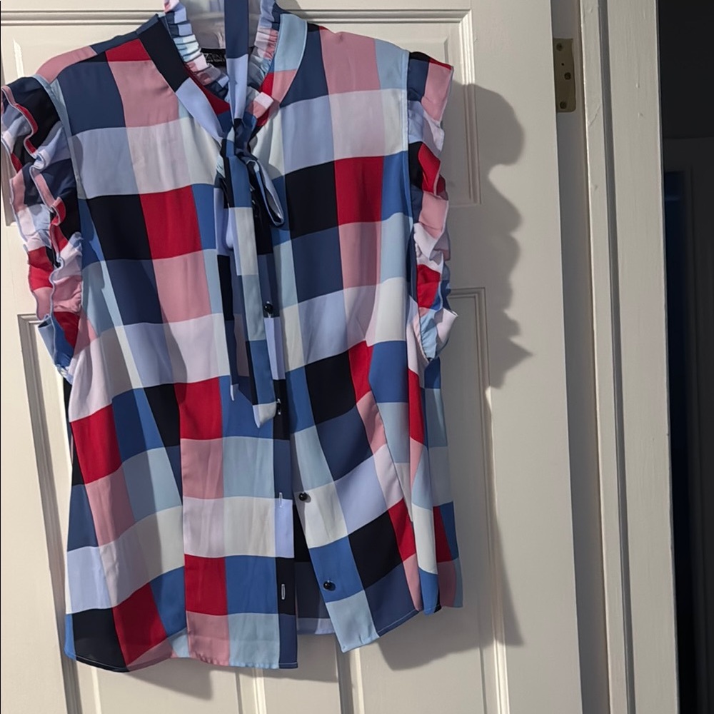 Colorful Checkered Ruffle Sleeve Blouse